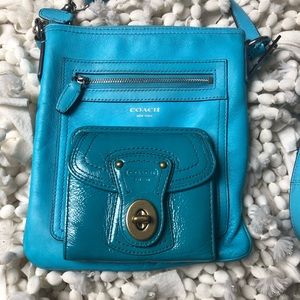 Light blue COACH crossbody messenger bag with COACH wallet